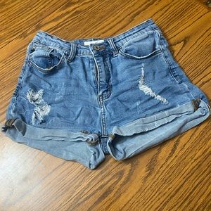 Blue Distressed Jean Shorts with Cuffed Hem